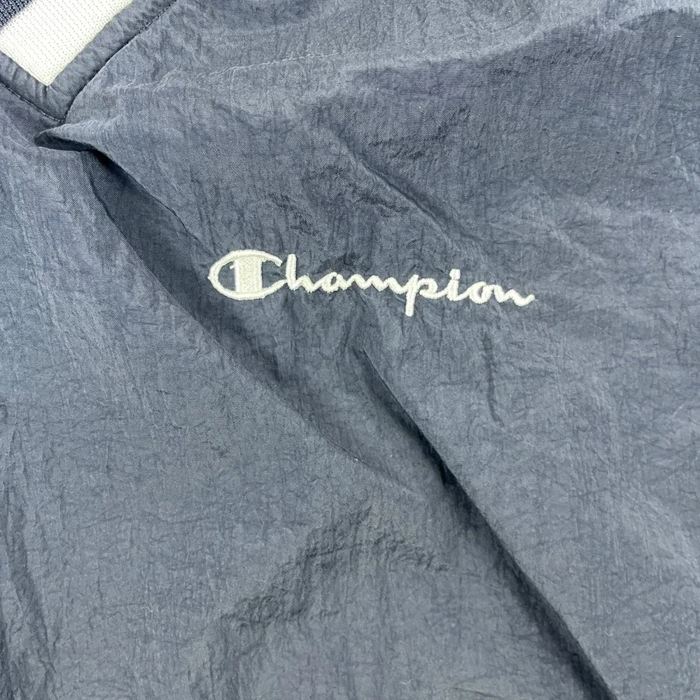 Vintage Champion Men Large Navy Blue Windbreaker Pullover V-Neck Kangaroo Pocket